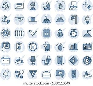 Conjunto de iconos de línea de vector editable de tonos azules y sombras - sin vector móvil, seguimiento, toma de corriente, huella dactilar, ventilador, control remoto, copo de nieve, aplicación para el hogar, radiador, piso cálido, lámpara exterior, papelera, puerta