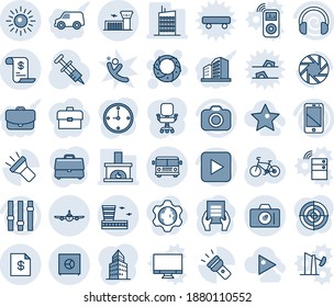 Blue tint and shade editable vector line icon set - airport bus vector, camera, plane, building, sun, christmas wreath, document, syringe, bike, settings, cell phone, headphones, play button, mobile