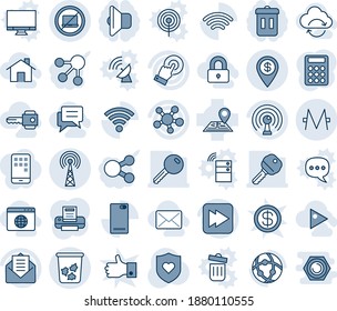 Blue tint and shade editable vector line icon set - no laptop vector, trash bin, antenna, heart shield, navigation, touch screen, share, mail, fast forward, phone back, network, wireless, monero