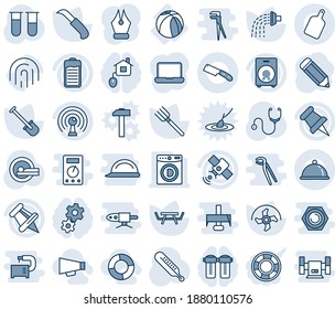 Blue tint and shade editable vector line icon set - pencil vector, shovel, farm fork, ripper, watering, garden knife, picnic table, stethoscope, blood test vial, thermometer, tomography, antenna