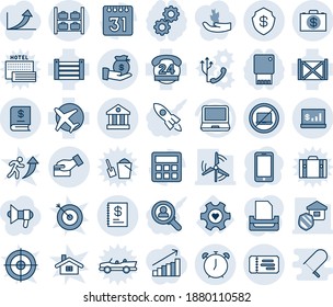Blue tint and shade editable vector line icon set - no laptop vector, ticket, luggage storage, alarm clock, mobile phone, heart gear, plane, 24 hours, container, pc, calculator, calendar, safe, bank
