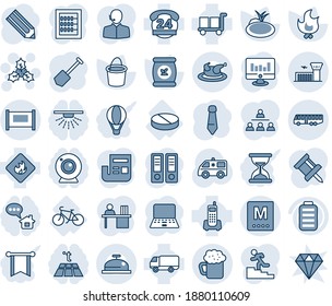 Blue tint and shade editable vector line icon set - fence vector, airport bus, building, holly, office binder, notebook pc, tie, job, statistic monitor, pencil, bucket, fire, pond, fertilizer, pill