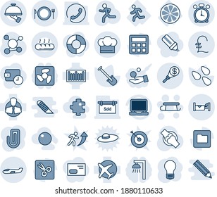 Blue tint and shade editable vector line icon set - alarm clock vector, plate spoon fork, hotel, small plane, sleigh, bulb, shovel, seeds, run, joint, molecule, lemon slice, client, barcode, folder