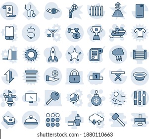 Blue tint and shade editable vector line icon set - storm cloud vector, santa claus, christmas ball, sleigh, fence, picnic table, eye, stethoscope, meat, sea port, container, settings, phone back