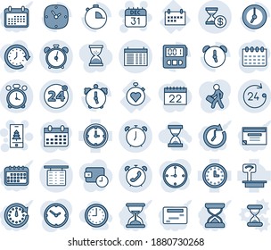 Blue tint and shade editable vector line icon set - 24 around vector, alarm clock, flight table, hours, phone, schedule, 31 dec calendar, christmas mobile, stopwatch heart, heavy scales, manager