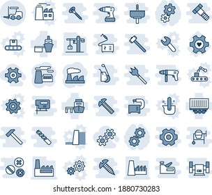 Blue tint and shade editable vector line icon set - fork loader vector, factory, heart gear, truck trailer, sea port, crane, water power plant, conveyor, casting of steel, wrench, hammer, screw