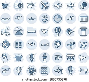 Blue tint and shade editable vector line icon set - plane vector, airport tower, departure, radar, helicopter, seat map, globe, traffic controller, runway, arrival, boarding passengers, small, seats