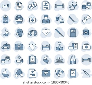 Blue tint and shade editable vector line icon set - bed vector, medical room, hotel, heart pulse, doctor case, diagnosis, stethoscope, blood pressure, pills, ampoule, scalpel, tomography, hospital