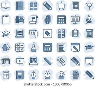 Blue tint and shade editable vector line icon set - book vector, calculator, graduate, abacus, desk, notepad, presentation board, pencil, contract, microscope, bladder, notes, copybook, paper clip
