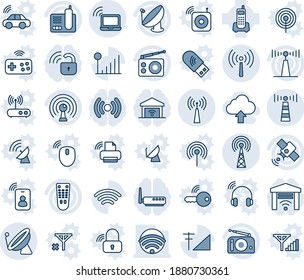 Blue tint and shade editable vector line icon set - antenna vector, satellite, wireless notebook, office phone, radio, remote control, cellular signal, upload cloud, lock, router, garage gate, mouse