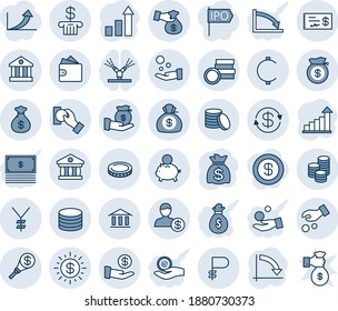 Blue tint and shade editable vector line icon set - growth statistic vector, money bag, crisis graph, yen, ruble, cent, coin, dollar exchange, sun, bank, account, piggy, investment, cash pay, wallet