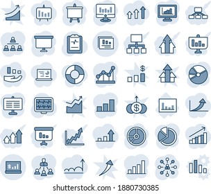 Blue tint and shade editable vector line icon set - hierarchy vector, presentation board, statistic monitor, circle chart, pulse, clipboard, statistics, report, account, bar graph, pie, point, rise