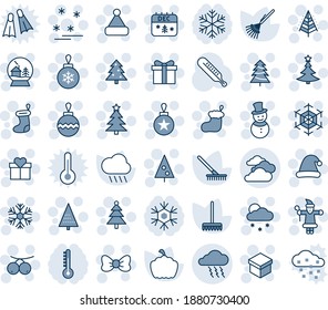 Blue tint and shade editable vector line icon set - clouds vector, storm, christmas tree, gift, bow, santa claus, sock, ball, snowflake, snowfall, snowman, calendar, hat, snowball house, sale, rake