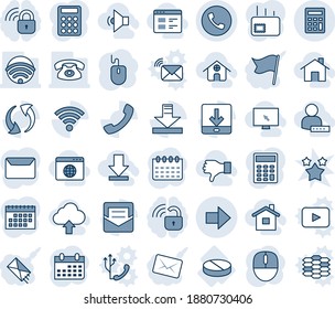 Blue tint and shade editable vector line icon set - phone vector, right arrow, mouse, calendar, pill, call, update, mail, download, wireless, calculator, home, website, browser globe, monitor cursor