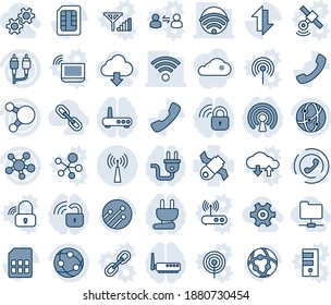 Blue tint and shade editable vector line icon set - antenna vector, satellite, network, share, rca, call, sim, data exchange, wireless, gear, folder, download cloud, phone horn, link, power plug