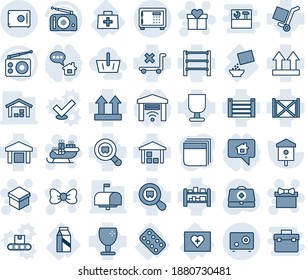 Blue tint and shade editable vector line icon set - safe vector, gift, bow, santa sleigh, bird house, doctor case, first aid kit, bag, pills blister, milk, cereal, container, fragile, cargo, search