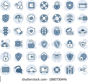 Blue tint and shade editable vector line icon set - security gate vector, smoking place, alarm car, safe, lock, plane radar, barrier, insurance, safety, glove, hose, heart shield, first aid room