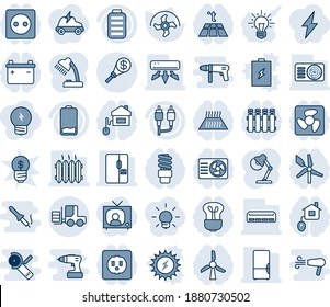 Blue tint and shade editable vector line icon set - fork loader vector, ripper, battery, low, rca, money torch, desk lamp, heater, air conditioner, fridge, home control, socket, fan, radiator, bulb