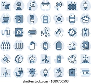 Blue tint and shade editable vector line icon set - pull ups vector, oil barrel, battery, low, torch, brightness, charge, desk lamp, sun panel, windmill, heater, home control, eco house, power plug