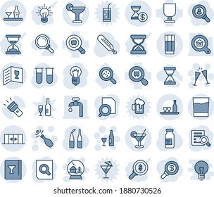 Blue tint and shade editable vector line icon set - automatic doors vector, wine, glasses, champagne, snowball house, document search, bulb, blood test vial, thermometer, ampoule, bacteria, fragile