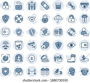 Blue tint and shade editable vector line icon set - fence vector, passport control, security gate, trash bin, plane radar, officer window, safe, boot, hose, patch, heart shield, hand, medical mask