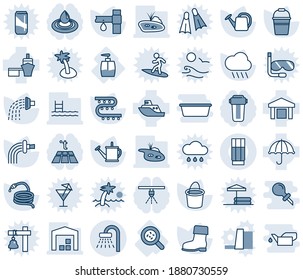 Blue tint and shade editable vector line icon set - shower vector, watering can, bucket, boot, rain, hose, drip irrigation, bacteria, liquid soap, sea shipping, port, umbrella, warehouse, pond, pool
