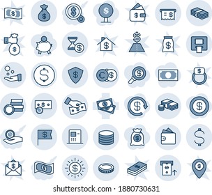 Blue tint and shade editable vector line icon set - cash vector, dollar, coin, euro, safe, sun, atm, receipt, flag, money bag, pay, wallet, account history, search, investment, piggy bank, reload
