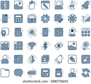 Tinta azul y sombra editable conjunto de iconos de línea vectorial - vector de respaldo del teléfono, menú, mensaje, cámara móvil, galería, configuración, temas, usuario, calculadora, campana, escáner, sd, carpeta, calendario, notas, inalámbrico