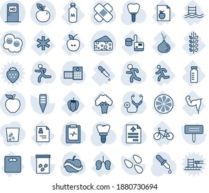 Blue tint and shade editable vector line icon set - medical room vector, plant label, seeds, diagnosis, stethoscope, dropper, patch, run, implant, pulse clipboard, diet, hospital, patient card, list