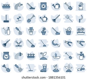 Blue tint and shade editable vector line icon set - job vector, flower in pot, garden fork, shovel, rake, watering can, sproute, pruner, boot, seedling, hoe, sickle, sprayer, fertilizer, irrigation