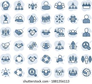 Blue tint and shade editable vector line icon set - handshake vector, hierarchy, pedestal, team, patient, group, user, hr, meeting, company, client search, gear, social, friends, consumer, community
