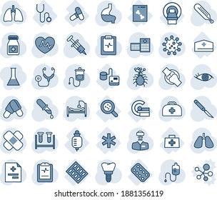 Tinta azul y sombra editable conjunto de íconos vectoriales - vector de pulso cardíaco, caso médico, diagnóstico, estetoscopio, jeringa, vial de análisis de sangre, cuentagotas, termómetro, pastillas, botella, cuero cabelludo, parche, estómago