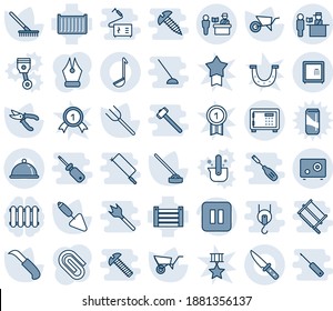 Blue tint and shade editable vector line icon set - passport control vector, safe, trowel, farm fork, rake, wheelbarrow, pruner, hoe, garden knife, cargo container, pause button, paper clip, ink pen