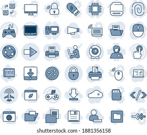 Blue tint and shade editable vector line icon set - right arrow vector, lock, plane radar, mouse, printer, diagnostic monitor, support, folder document, gamepad, tv, network, touch screen, hdmi, pc