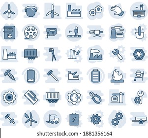 Blue tint and shade editable vector line icon set - fork loader vector, travolator, airport building, gear, factory, glove, truck trailer, flammable, reel, battery, low, root setup, windmill, crane