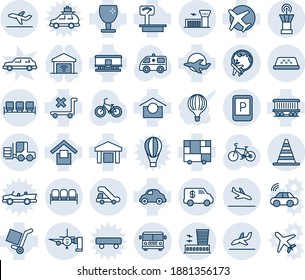 Blue tint and shade editable vector line icon set - arrival vector, airport bus, waiting area, border cone, plane globe, building, tower, taxi, departure, parking sign, fork loader, trap truck, bike