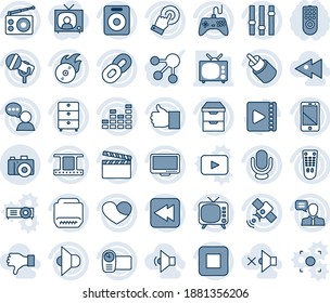 Blue tint and shade editable vector line icon set - camera vector, clapboard, film frame, archive chest, flame disk, microphone, radio, satellite, speaker, tv, gamepad, settings, equalizer, video