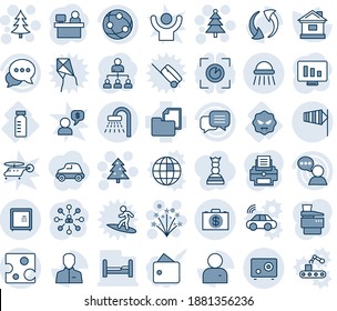 Blue tint and shade editable vector line icon set - shower vector, side wind, christmas tree, firework, hierarchy, manager place, statistic monitor, house, vial, virus, folder document, network, car