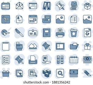 Blue tint and shade editable vector line icon set - identity vector, gift, office binder, document search, notepad, coffee, drawing pin, calendar, reload, printer, patient card, cash, gallery, cut