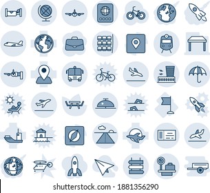 Blue tint and shade editable vector line icon set - departure vector, arrival, train, passport, plane, boarding, seat map, luggage scales, airport building, runway, bus, insurance, sign post, ticket