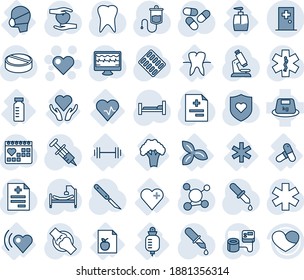 Blauer Farbton und bearbeitbarer Vektorsymbol - Vektorgrafik der ersten Hilfe, Herz, Monitor Puls, Diagnose, Spritze, Blutdruck, Tropfen, Mikroskop, Tabletten, Blister, Skalpell, Ambulanz-Stern