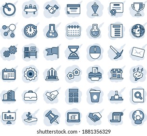 Blue tint and shade editable vector line icon set - handshake vector, gear, calculator, pennant, document search, mouse, desk, notebook pc, coffee, brainstorm, meeting, drawing pin, calendar, target