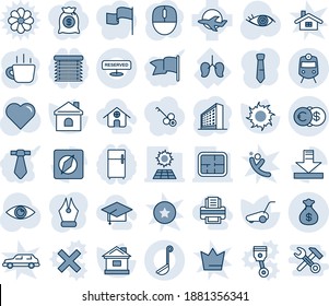 Tinta azul y sombra editable conjunto de iconos de línea vector - vector de tren, edificio de oficinas, ratón, café, cortadora de césped, casa, sol, corazón, ojo, pulmones, avión, descarga, brújula, euro dólar, bolsa de dinero, lápiz de tinta