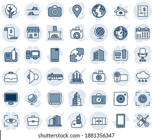 Blue tint and shade editable vector line icon set - camera vector, airport bus, automatic doors, globe, duty free, office building, calendar, tree, earth, speaker, tv, video, monitor, radio phone