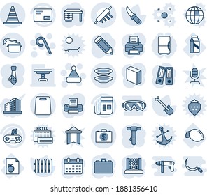 Blue tint and shade editable vector line icon set - border cone vector, lollipop, christmas hat, case, office binder, abacus, desk, tie, calendar, pencil, shovel, fence, garden knife, diet list