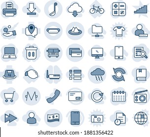 Blue tint and shade editable vector line icon set - airport bus vector, storm, calculator, document search, notebook pc, calendar, printer, lemon, bike, mobile tracking, heavy, radio, cell phone
