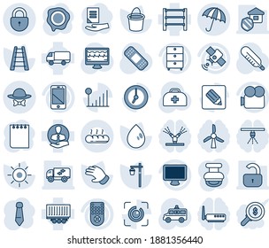 Blue tint and shade editable vector line icon set - umbrella vector, lock, notepad, tie, document, stamp, ladder, bucket, glove, water drop, sun, garden light, monitor pulse, doctor case, patch