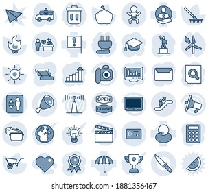 Blue tint and shade editable vector line icon set - passport control vector, elevator, escalator, baby, growth statistic, pedestal, medal, document search, graduate, rake, wheelbarrow, fire, sun, tv