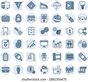 Blue tint and shade editable vector line icon set - manager vector, team, presentation board, document reload, flower in pot, garden fork, fireplace, bird house, monitor pulse, patch, caries, diet