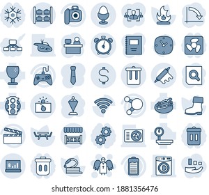 Blue tint and shade editable vector line icon set - alarm clock vector, trash bin, luggage storage, terrorism, angel, pennant, document search, crisis graph, manager place, boot, fire, hose, fragile